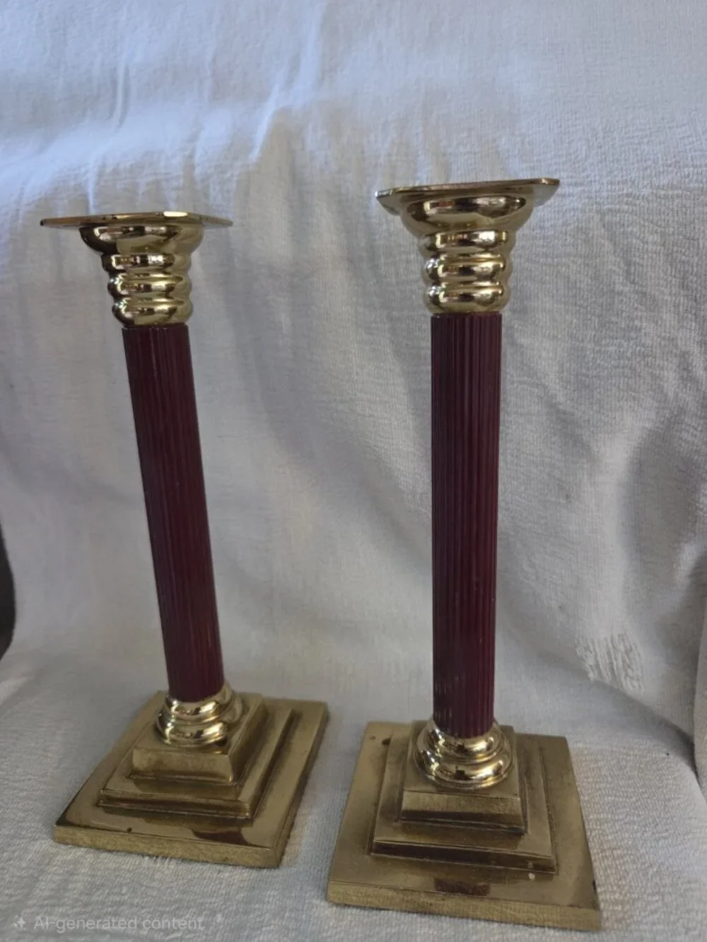 Vintage Brass Burgundy Column Candlestick Holders Pair Neoclassical Regency 7.5